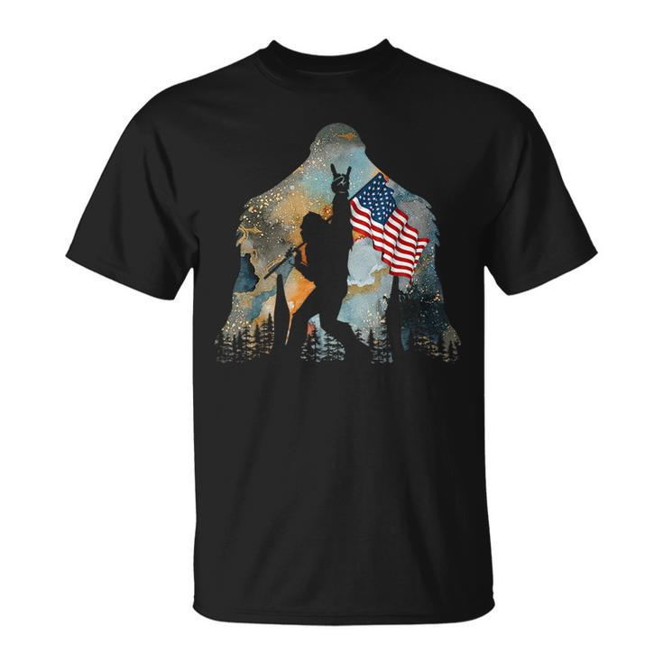 Bigfoot Camping Watercolor American Usa Flag Patriotic Gifts Patriotic Funny Gifts Unisex T-Shirt