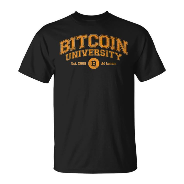 Bitcoin University To The Moon Funny Distressed College Btc Unisex T-Shirt