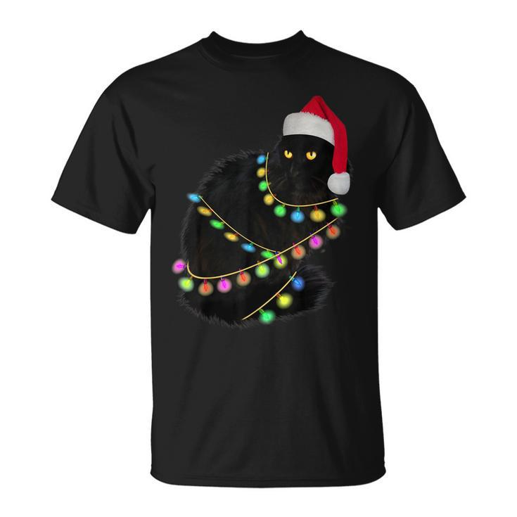 Black Cat Santa Hat Light Tree Ugly Christmas Sweater T-Shirt