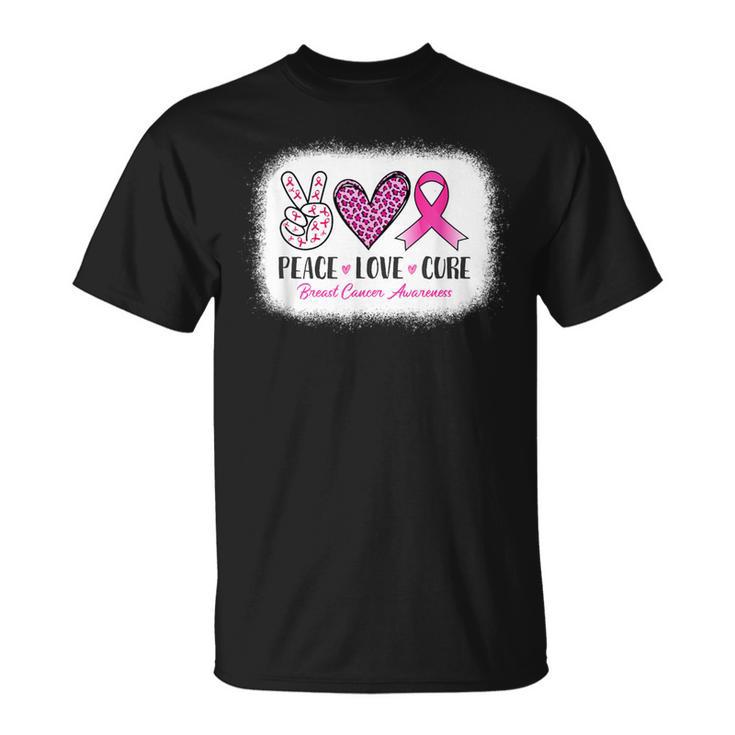 Bleached Peace Love Cure Leopard Breast Cancer Awareness T-Shirt