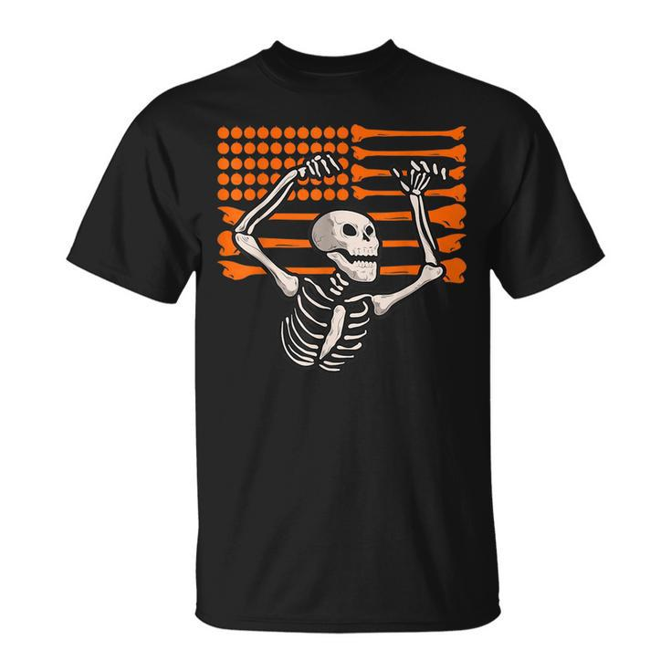 Bones And Pumpkins American Flag Skeleton Halloween Costume  Halloween Funny Gifts Unisex T-Shirt