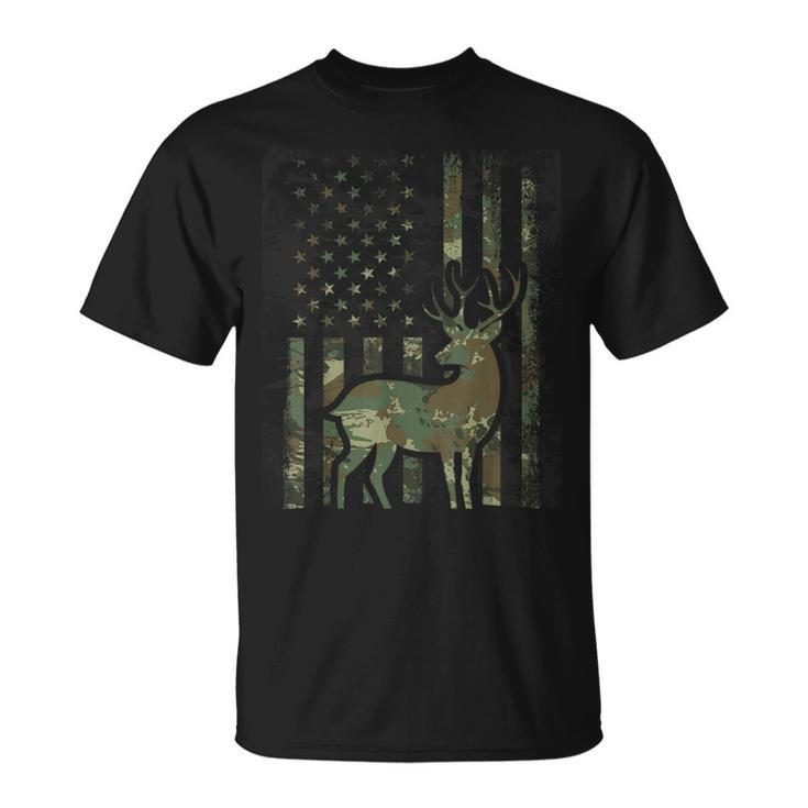 Camo American Flag Buck Hunting For Deer Hunter T-Shirt