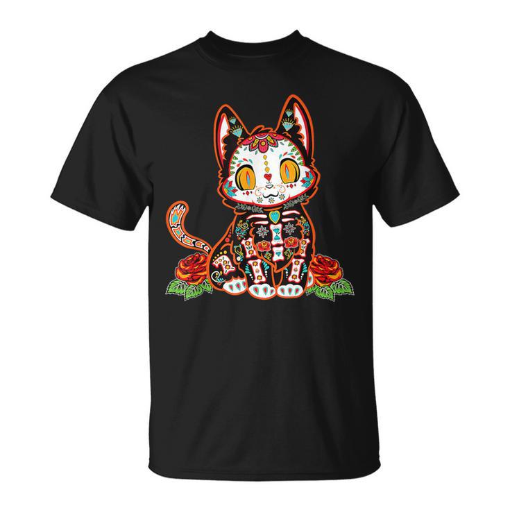 Cat Dia De Los Muertos Day Of The Dead El Gato Sugar Skull T-Shirt