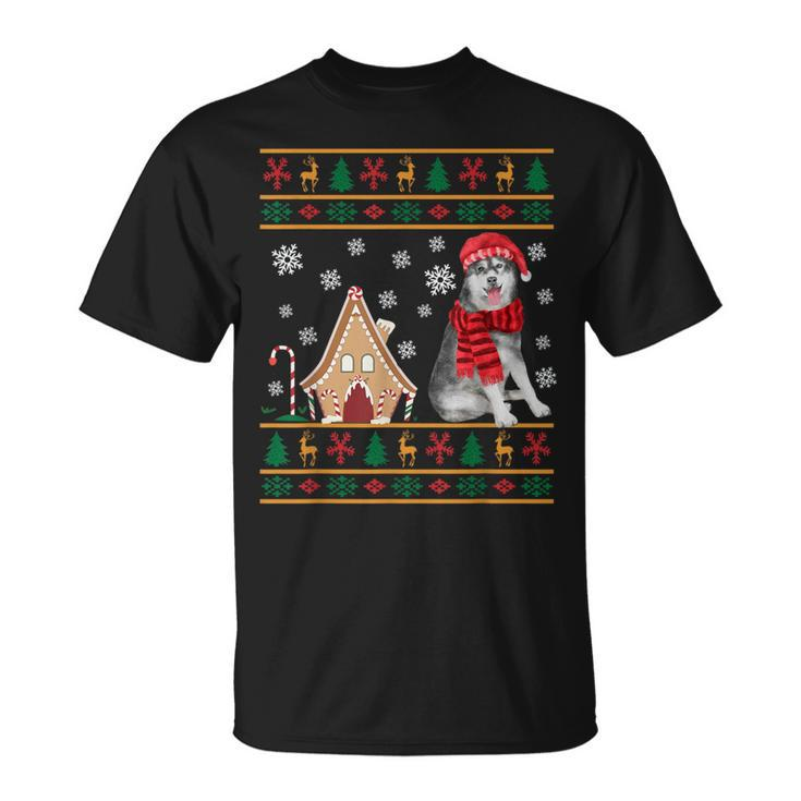 Christmas Ugly Sweater Siberian Husky Santa Hat Reindeers T-Shirt