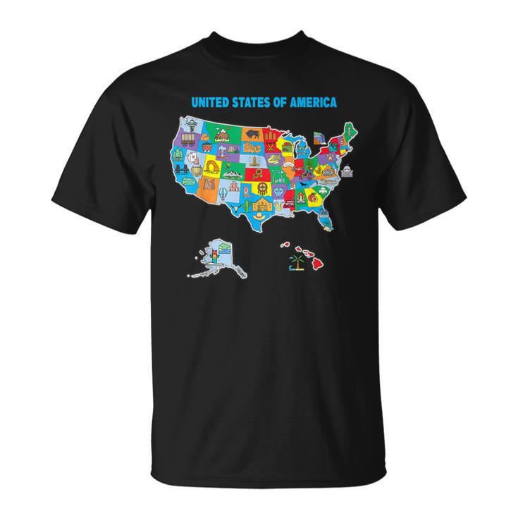 Colorful United States Of America Map Us Landmarks Icons T-Shirt