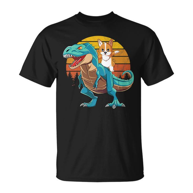 Corgi Dog Riding Dinosaur T Rex Boys Girls Retro Sunset Gift   Unisex T-Shirt