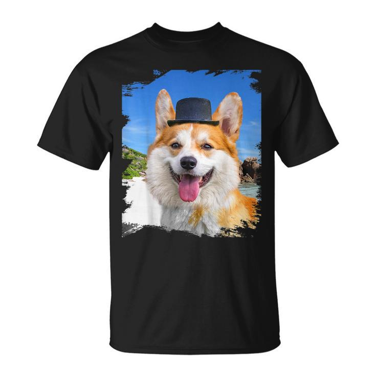 Corgi Face Dog Dogs Wearing Hat At Beach Funny Cute  Unisex T-Shirt