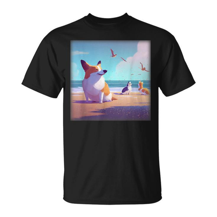 Corgi Meeting Seagulls On The Beach Animal Lover  Unisex T-Shirt