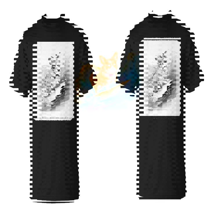 Corgi Surfing Wave Dog Surfing Corgi At The Beach  Unisex T-Shirt