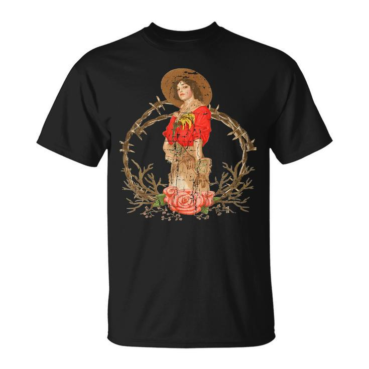 Cowgirl Distressed  Barbwire Roses Guns And Horses Unisex T-Shirt