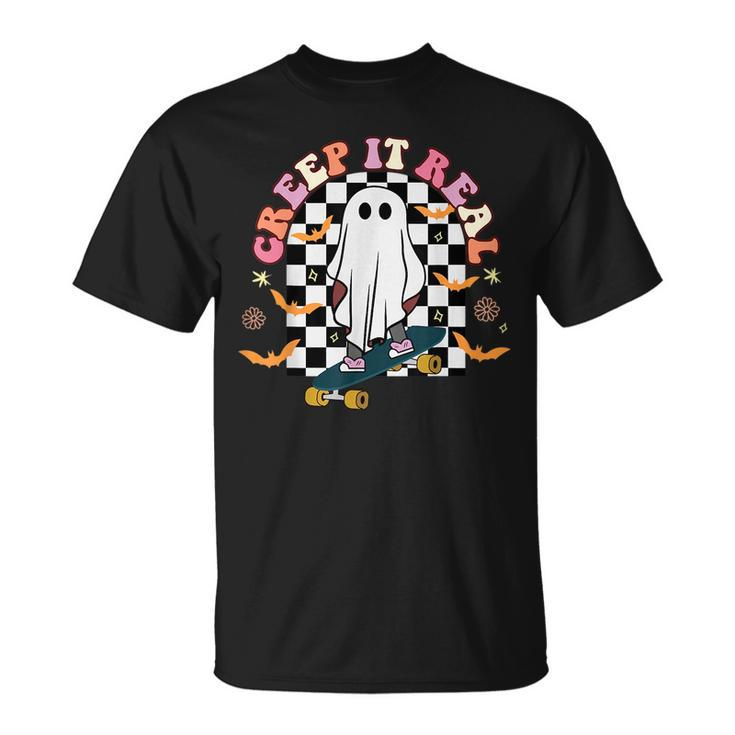 Creep It Real Skateboarder Ghost Vintage Retro Halloween IT Funny Gifts Unisex T-Shirt