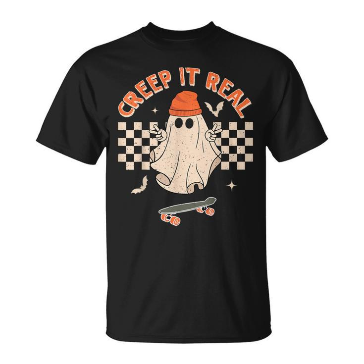 Creep It Real Skateboarding Ghost Retro Halloween Costume T-Shirt