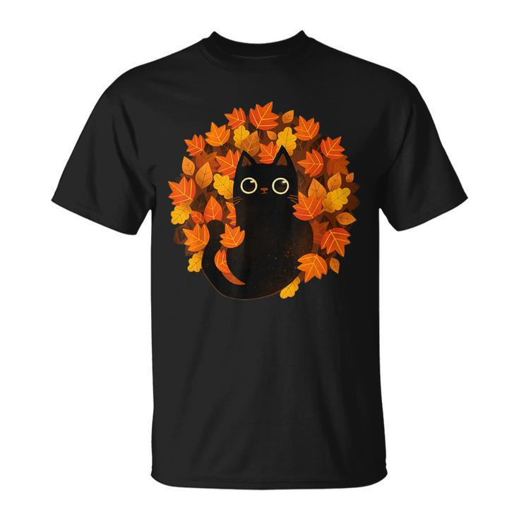 Cute Black Cat Autumn Leaves Season Thanksgiving Cat Lover T-Shirt