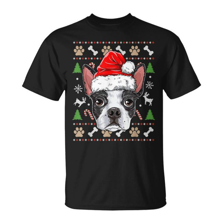 Cute Boston Terrier Ugly Christmas Sweater Santa Hat Xmas T-Shirt