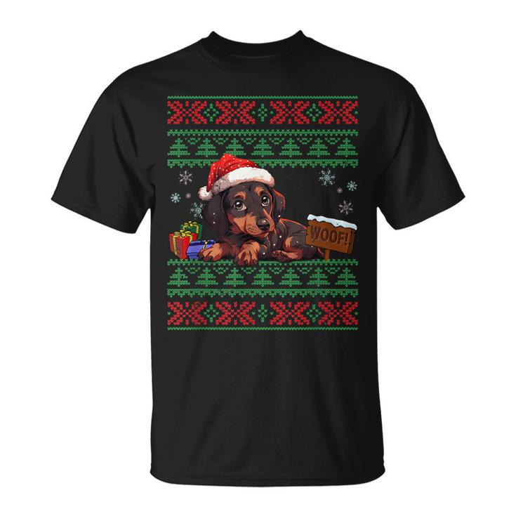 Cute Dachshund Dog Lover Santa Hat Ugly Christmas Sweater T-Shirt