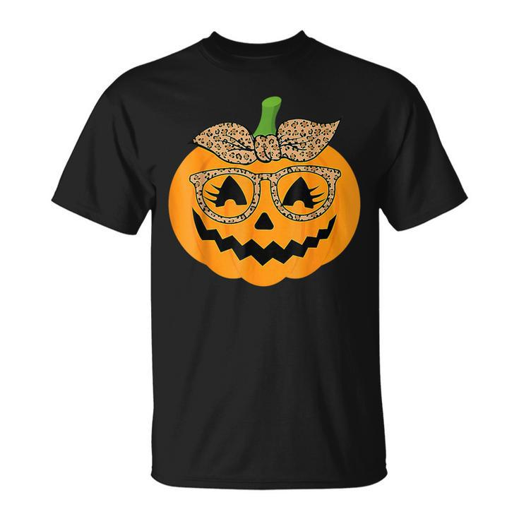 Cute Pumpkin Leopard Glasses And Bandana Halloween Costume T-Shirt