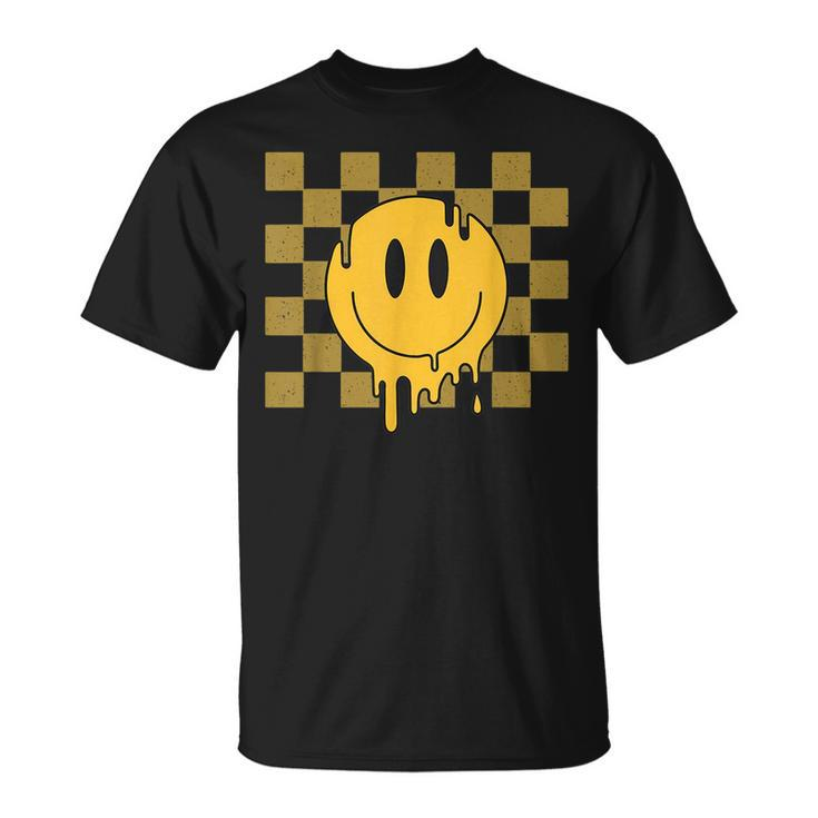 Cute Retro Happy Face Checkered Pattern Yellow Melting Face  Unisex T-Shirt