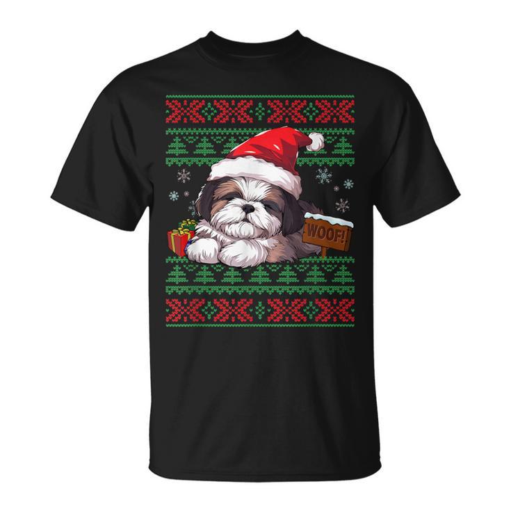 Cute Shih Tzu Dog Lover Santa Hat Ugly Christmas Sweater T-Shirt