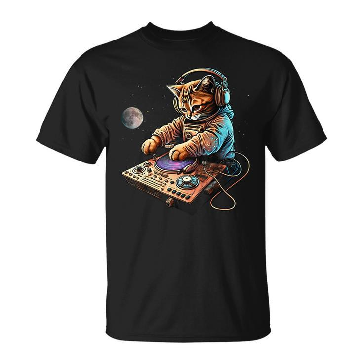 Dj Cat Cute Space Cat Disc Jockey Cat In Astronaut Suit T-Shirt