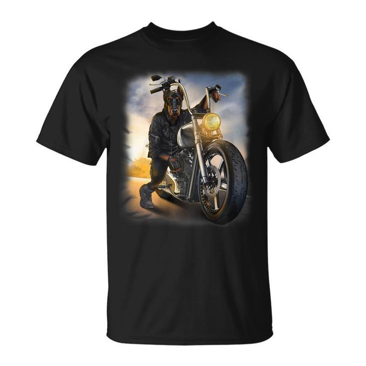 Doberman Dog Riding Chopper Motorcycle Unisex T-Shirt