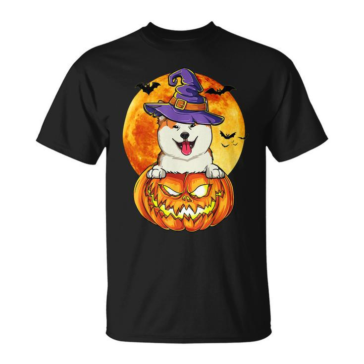 Dog Akita Witch Pumpkin Halloween Dog Lover Funny Unisex T-Shirt