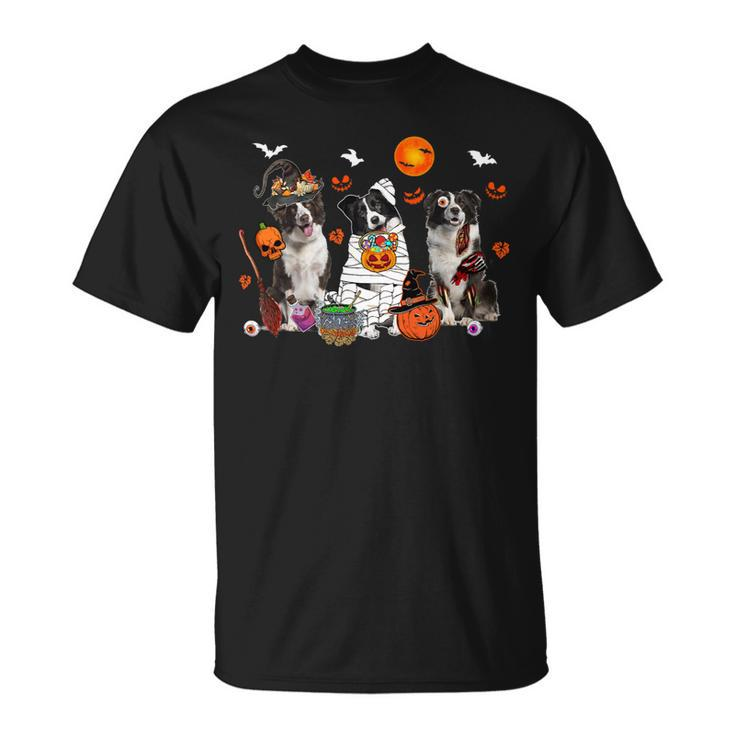 Dog Border Collie Three Border Collie Dogs Witch Scary Mummy Halloween Zombie Unisex T-Shirt
