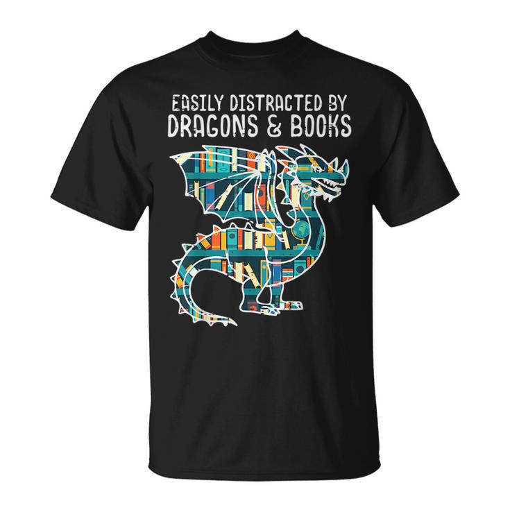 Easily Distracted By Dragons Books Funny Reading Bookworm Reading Funny Designs Funny Gifts Unisex T-Shirt