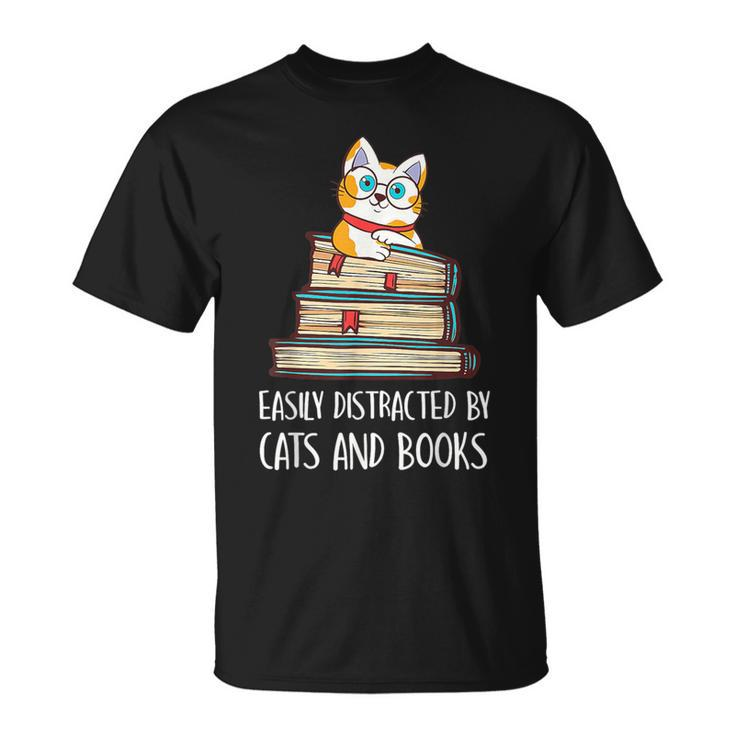 Easily Distracted By Cats And Books Cat & Book Lover T-Shirt