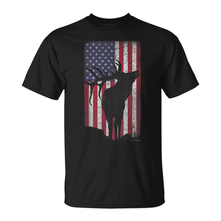 Elk Hunting Bugling Bull Us Flag American Retro T-shirt