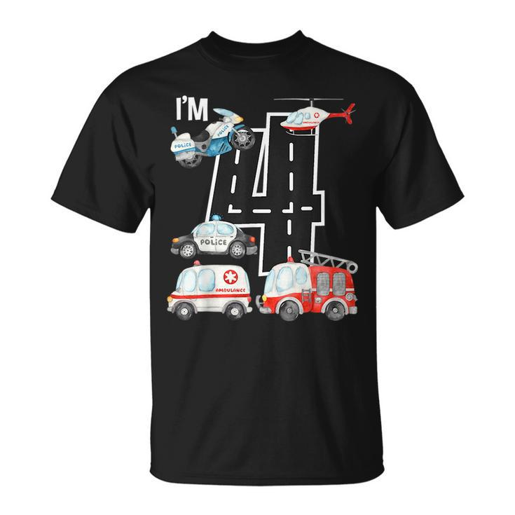 Emergency Vehicles 4Th Birthday Fire Truck Police Car Boys Unisex T-Shirt
