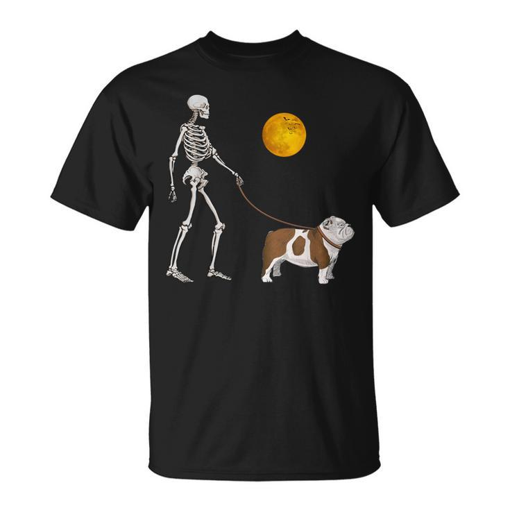 English Bulldog Skeleton Dog Walking Halloween Costume T-Shirt