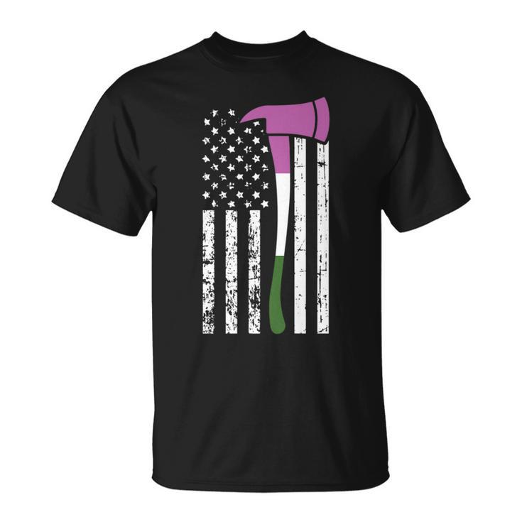 Firefighter American Flag Lgbt-Q Gender-Queer Pride Fireman   Unisex T-Shirt