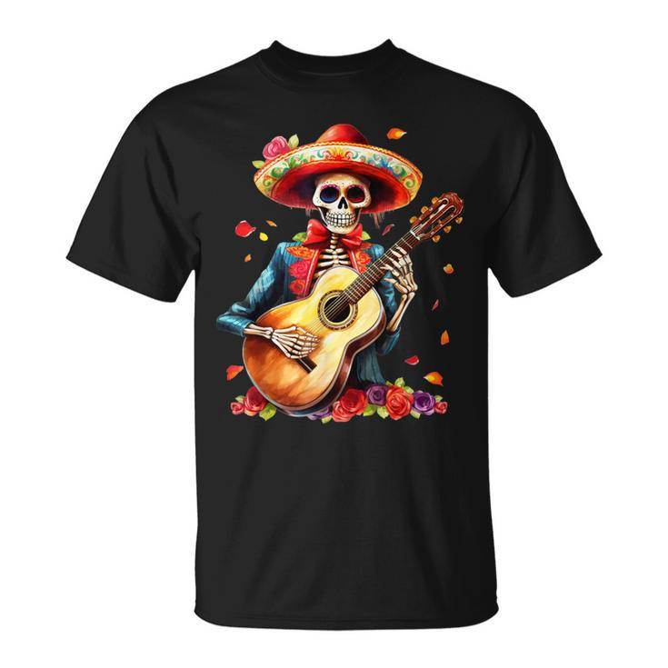 Floral Guitar Dia De Los Muertos Cute Mariachi Day Of Dead T-Shirt
