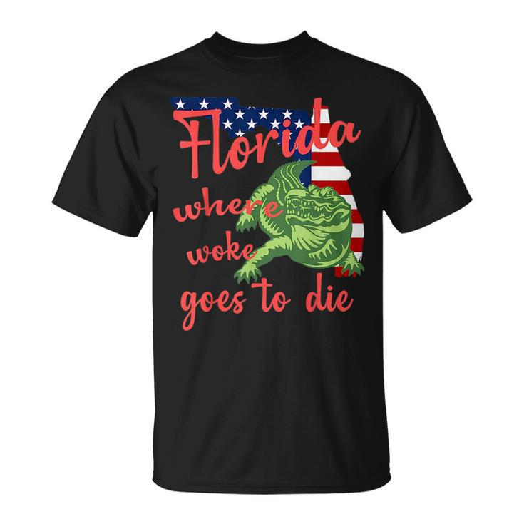 Florida Where Woke Goes To Die American Flag And Alligator Unisex T-Shirt