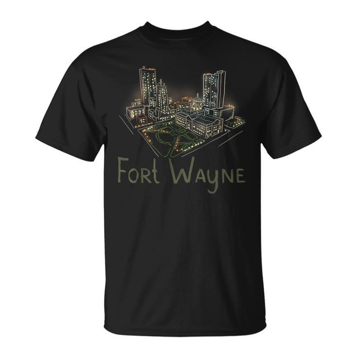 Fort Wayne City Panorama At Night T-Shirt