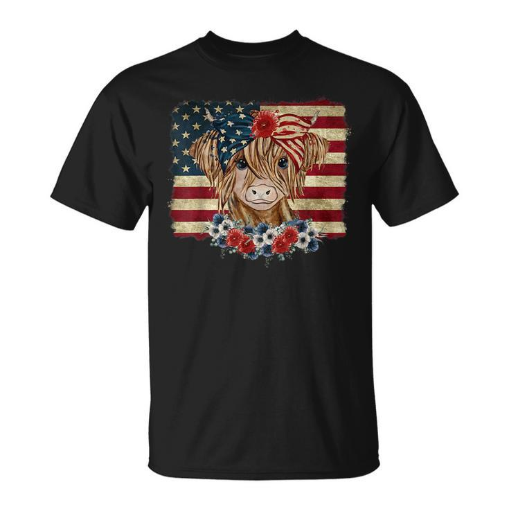 Funny 4Th Of July Merica Highland Cow America Flag  Unisex T-Shirt