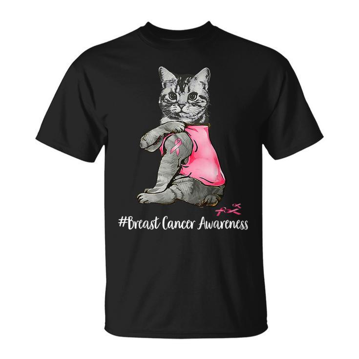 Cat Pink Ribbon In October We Wear Pink Breast Cancer T-Shirt