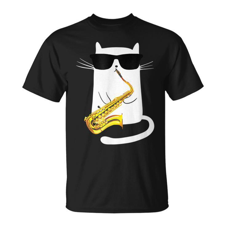 Funny Cat Wearing Sunglasses Playing Saxophone  Unisex T-Shirt