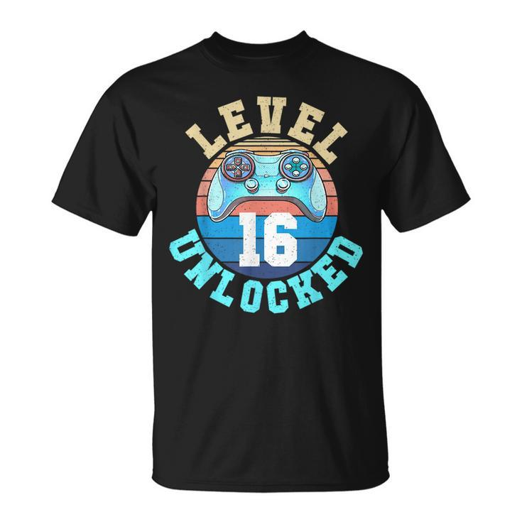 Gamer Boy Level 16 Unlocked Video Game 16Th Birthday Funny Birthday Gifts Unisex T-Shirt
