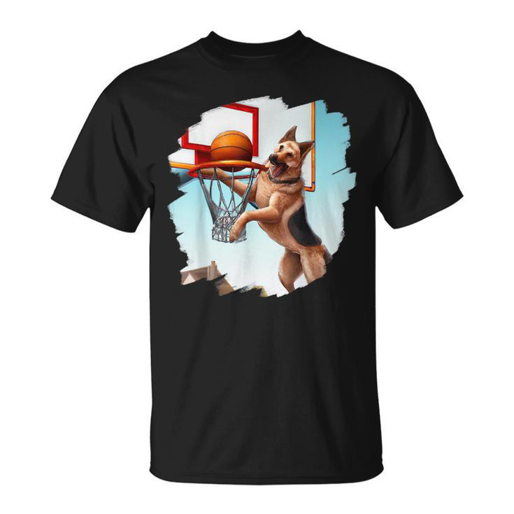 German Shepherd Playing Basketball Funny Dog Basketball Basketball Funny Gifts Unisex T-Shirt