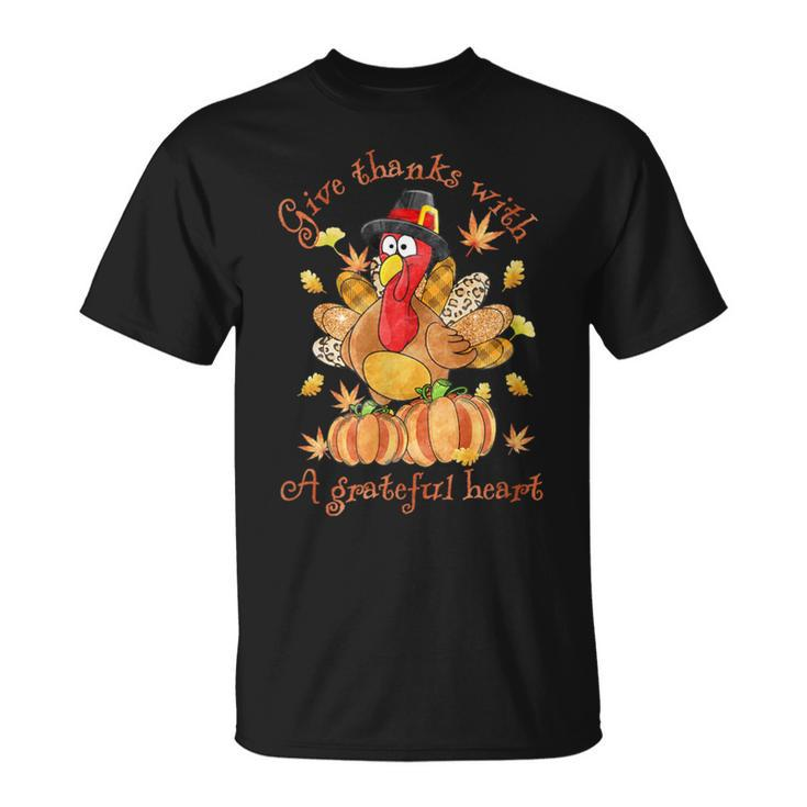 Give A Thanks With Grateful Heart Thanksgiving Day Turkey T-Shirt