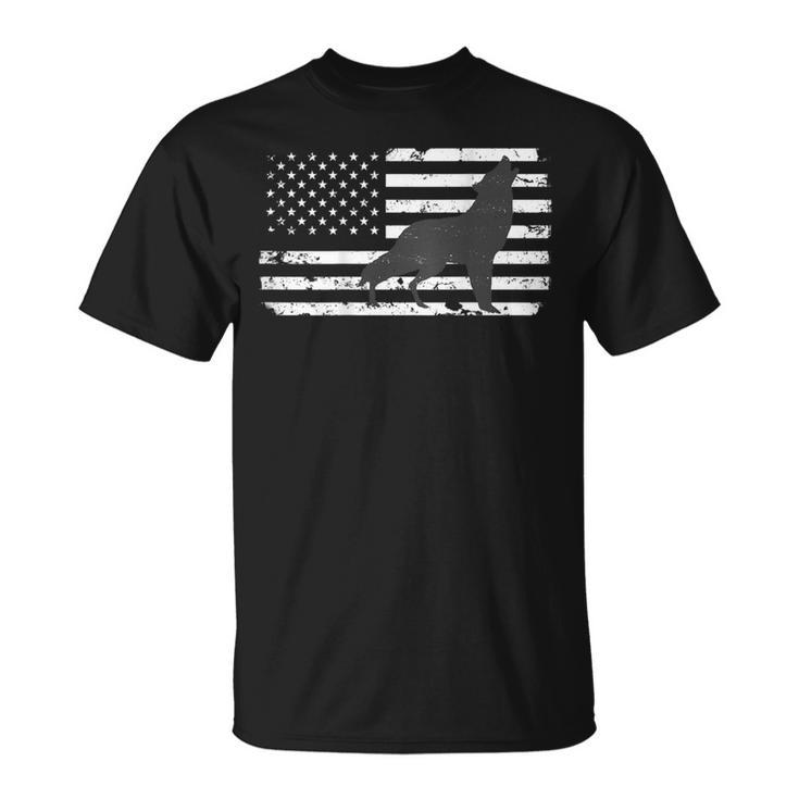 Gray Lone Wolf Distressed American Flag Back Print T-Shirt