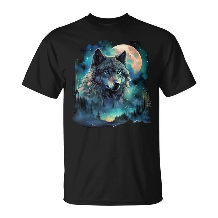 Grey Wolf Hunting Grounds Icy Moon Forest Galaxy T-Shirt
