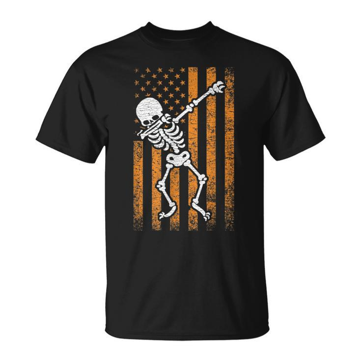 Halloween Dabbing Skeleton American Flag For Boys Girls Kids  Halloween Funny Gifts Unisex T-Shirt