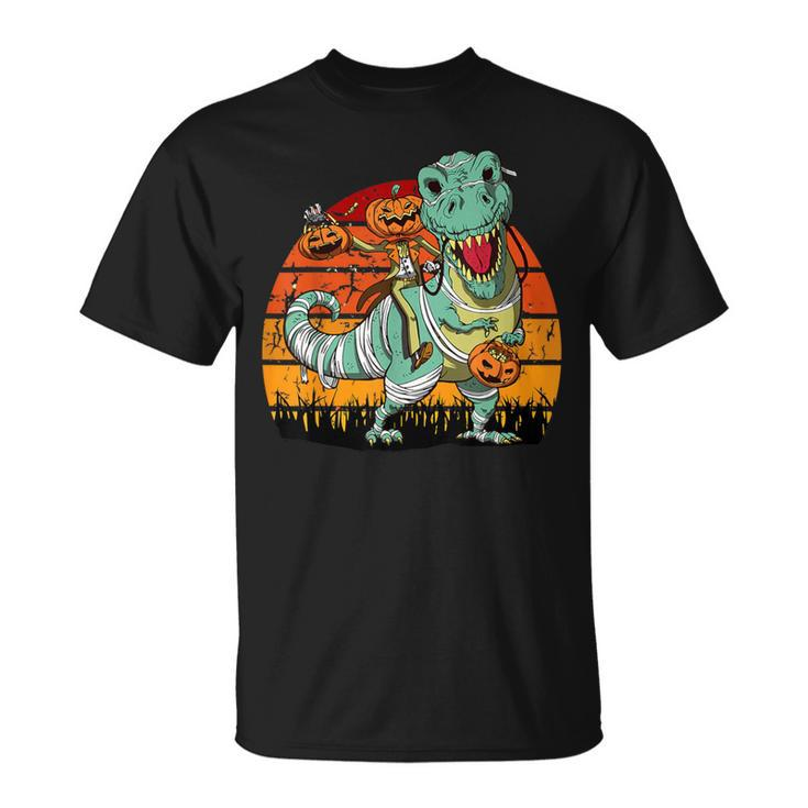 Halloween Pumpkin Riding Dinosaur T-Rex Skeleton T-Shirt