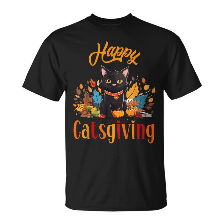Happy Catsgiving Cute Black Cat Kitten Lover Thanksgiving T-Shirt
