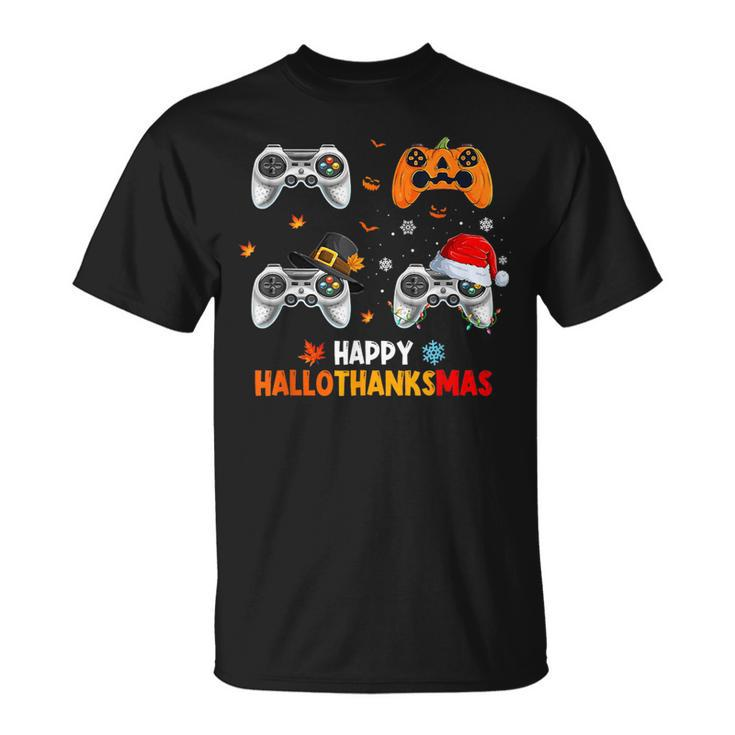 Happy Hallothanksmas Video Game Halloween Thanksgiving Xmas T-Shirt
