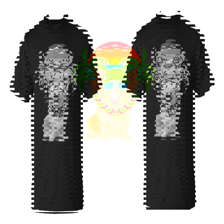 Hawaiian Corgi Dog Wearing Sunglasses Sunset On Beach Summer Unisex T-Shirt