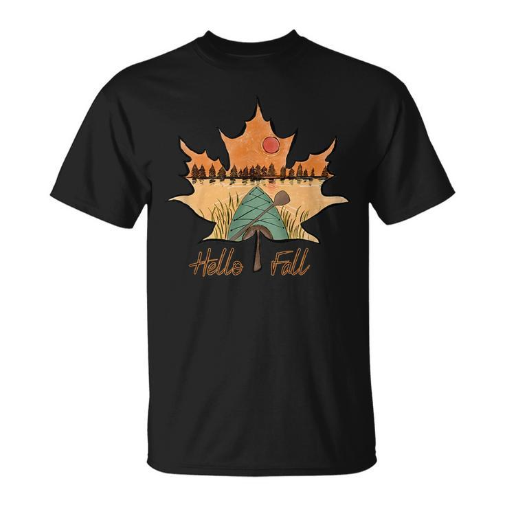 Hello Fall Scene Canoe Trees Autumn Peaceful Unisex T-Shirt