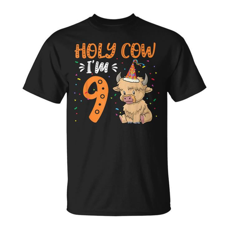 Holy Cow Im 9 Scottish Highland Cow Print 9Th Birthday Girl  Unisex T-Shirt